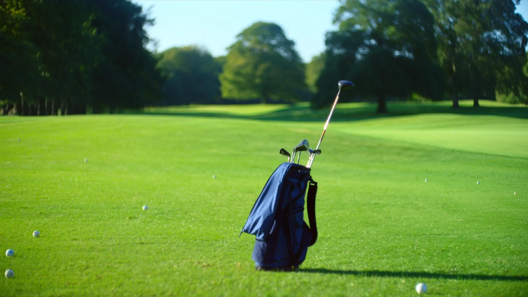 A golf bag standing on a bright sunlit fairway with practice balls scattered around it